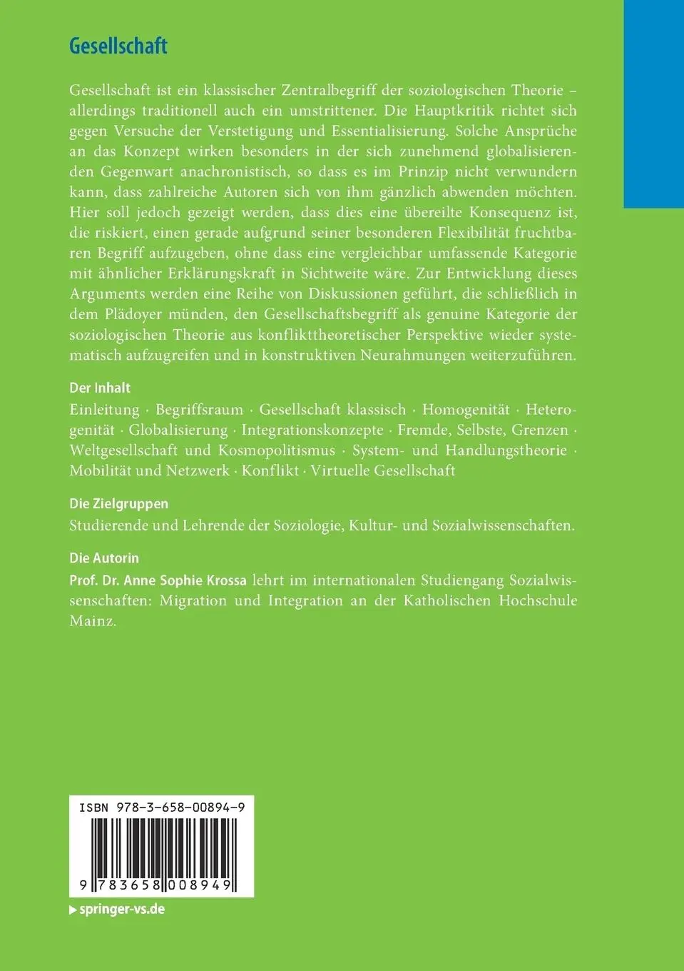 Rückseite: 9783658008949 | Gesellschaft | Betrachtungen eines Kernbegriffs der Soziologie | Buch