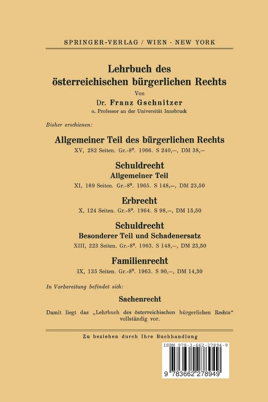 Rückseite: 9783662278949 | Allgemeiner Teil des bürgerlichen Rechts | Franz Gschnitzer | Buch