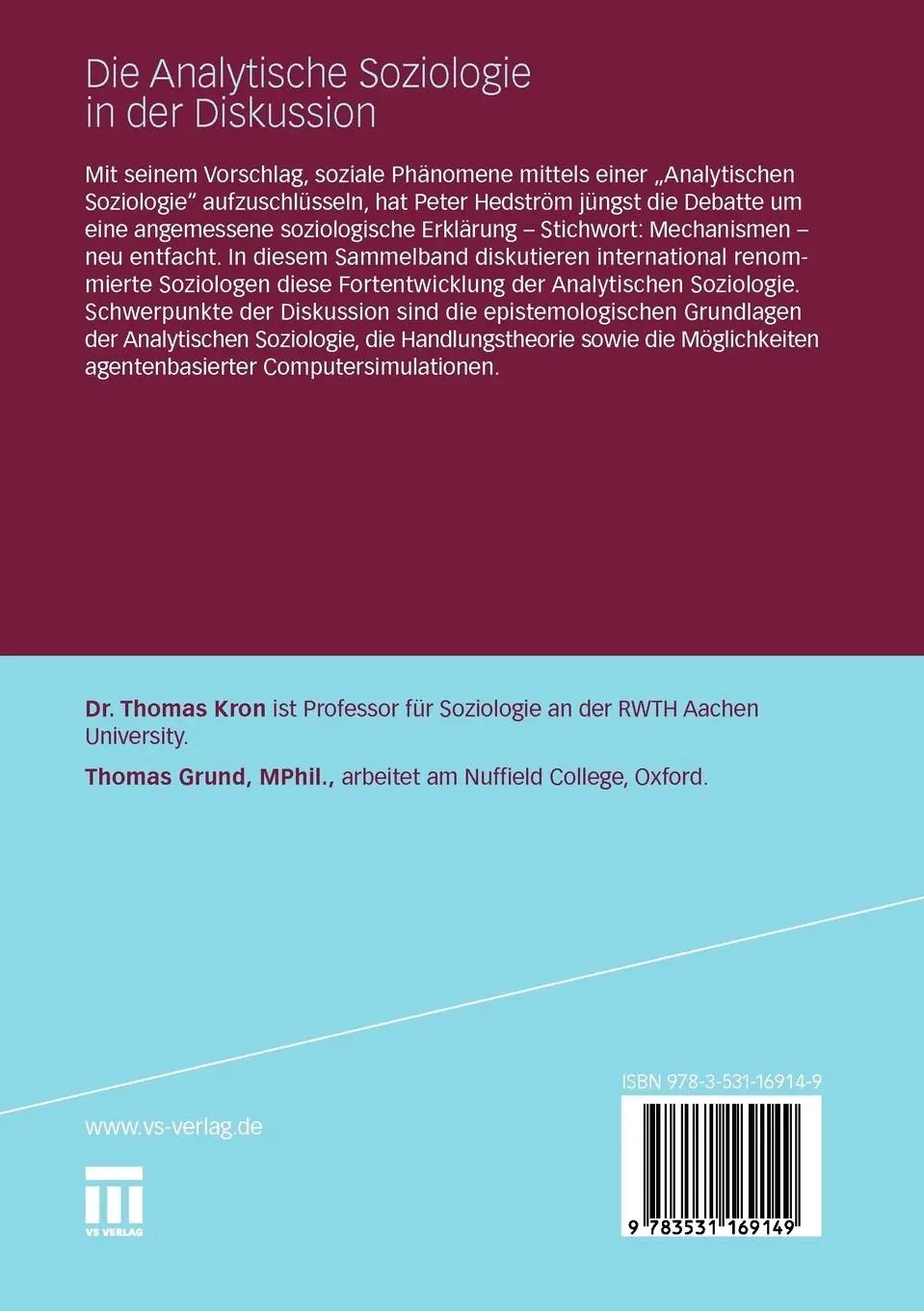 Rückseite: 9783531169149 | Die Analytische Soziologie in der Diskussion | Thomas Grund (u. a.)