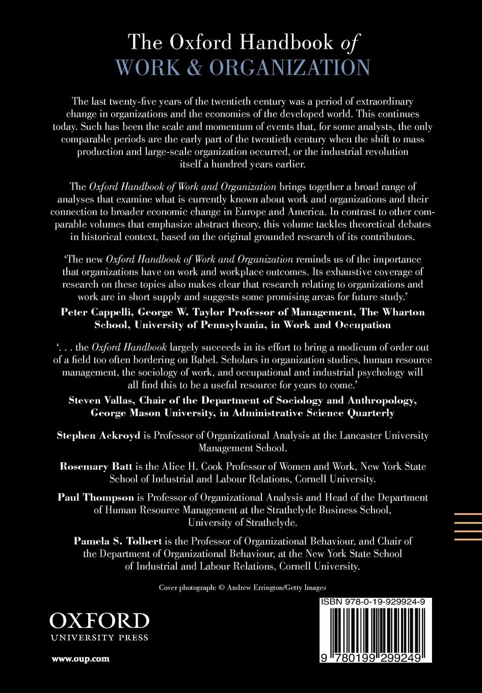 Rückseite: 9780199299249 | The Oxford Handbook of Work and Organization | Stephen Ackroyd (u. a.)