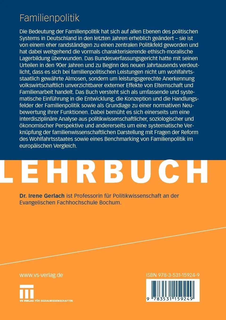 Rückseite: 9783531159249 | Familienpolitik | Irene Gerlach | Taschenbuch | 492 S. | Deutsch