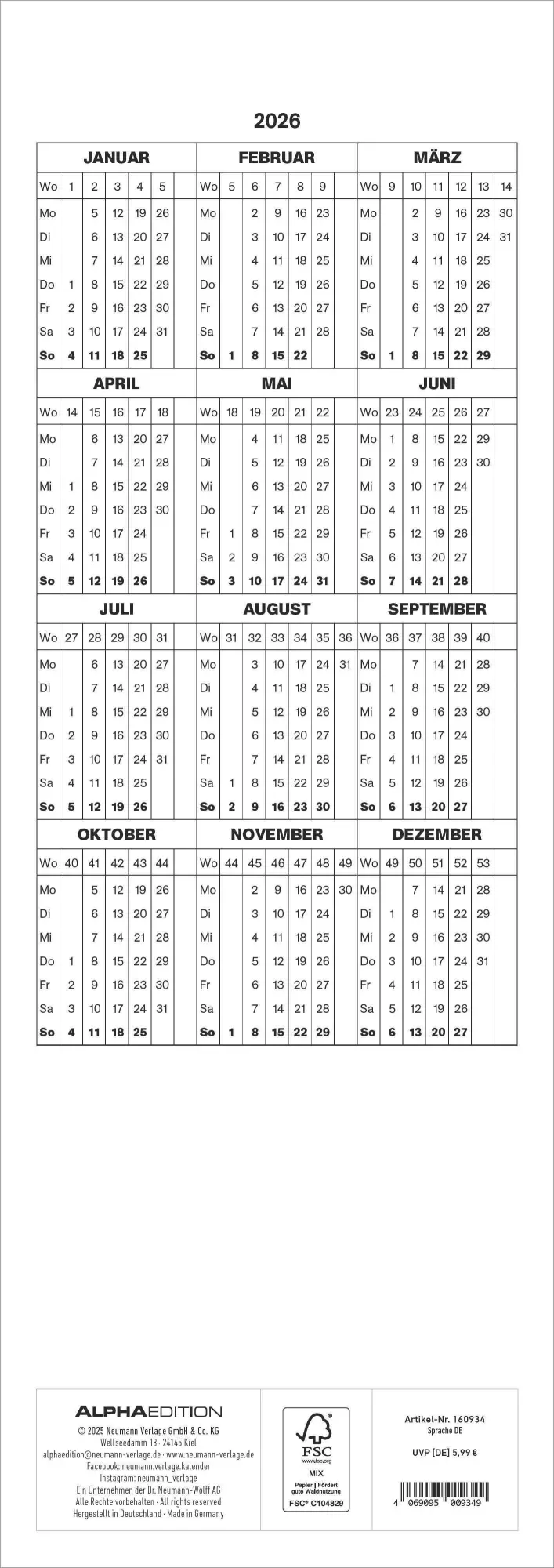 Bild: 4069095009349 | Mondkalender 2026- Streifen-Kalender 14,85x42 cm - Wandplaner - mit...