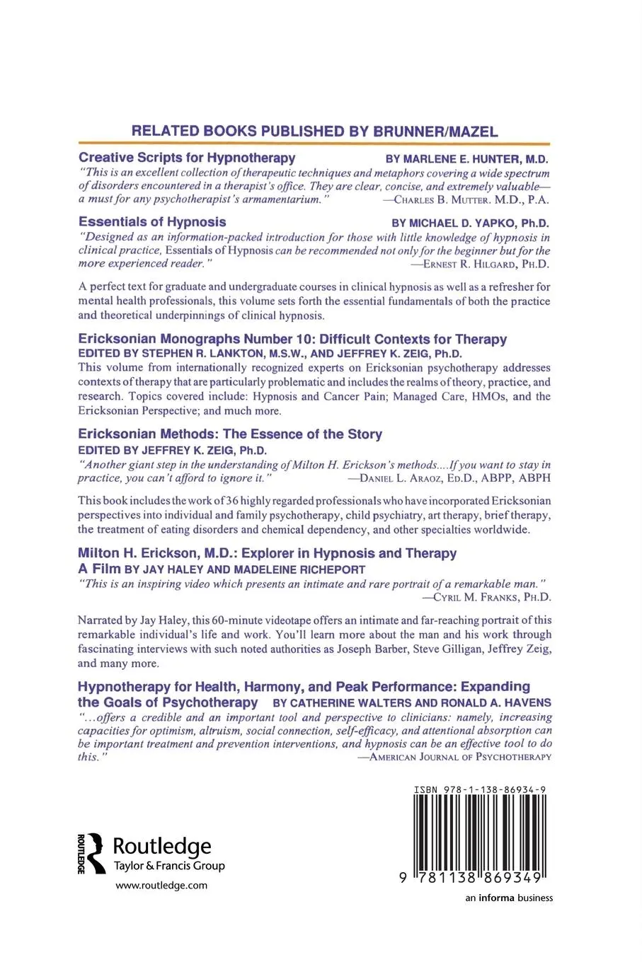 Rückseite: 9781138869349 | Handbook Of Hypnotic Phenomena In Psychotherapy | Edgette (u. a.)