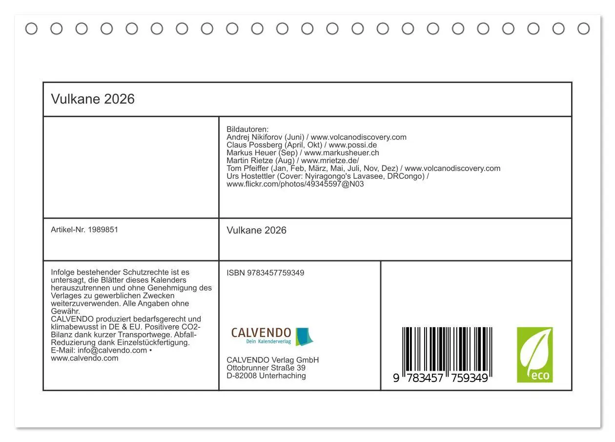 Bild: 9783457759349 | Vulkane 2026 (Tischkalender 2026 DIN A5 quer), CALVENDO Monatskalender