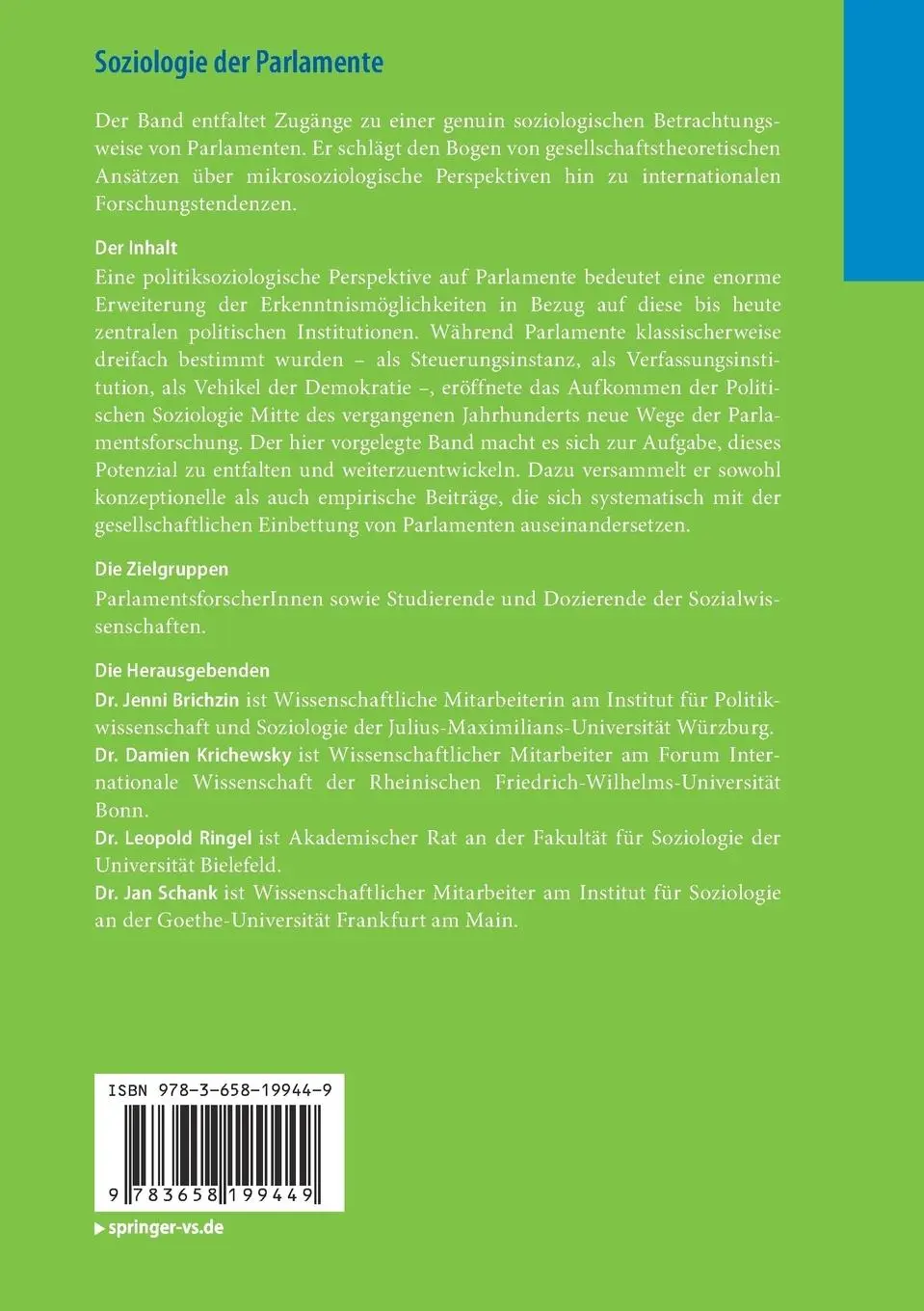 Rückseite: 9783658199449 | Soziologie der Parlamente | Jenni Brichzin (u. a.) | Taschenbuch | vii