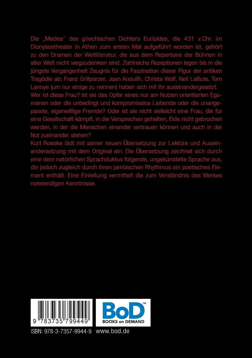 Rückseite: 9783735799449 | Euripides Medea | Neu übersetzt und eingeleitet von Kurt Roeske | Buch