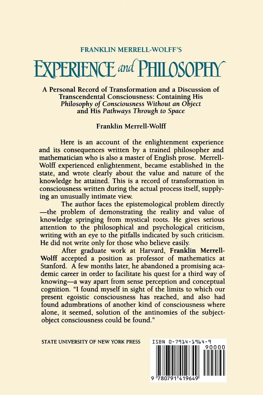 Rückseite: 9780791419649 | Franklin Merrell-Wolff's Experience and Philosophy | Merrell-Wolff