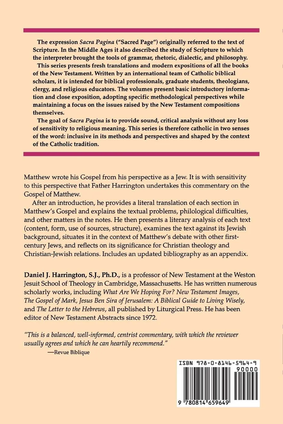 Rückseite: 9780814659649 | Sacra Pagina | : The Gospel of Matthew | Daniel J Harrington | Buch