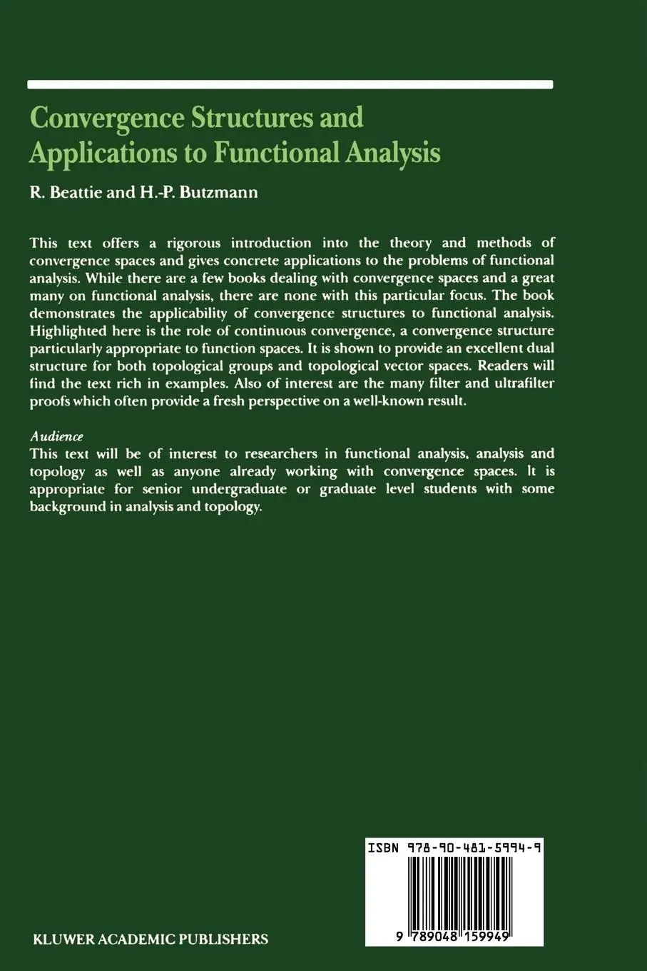 Rückseite: 9789048159949 | Convergence Structures and Applications to Functional Analysis | Buch