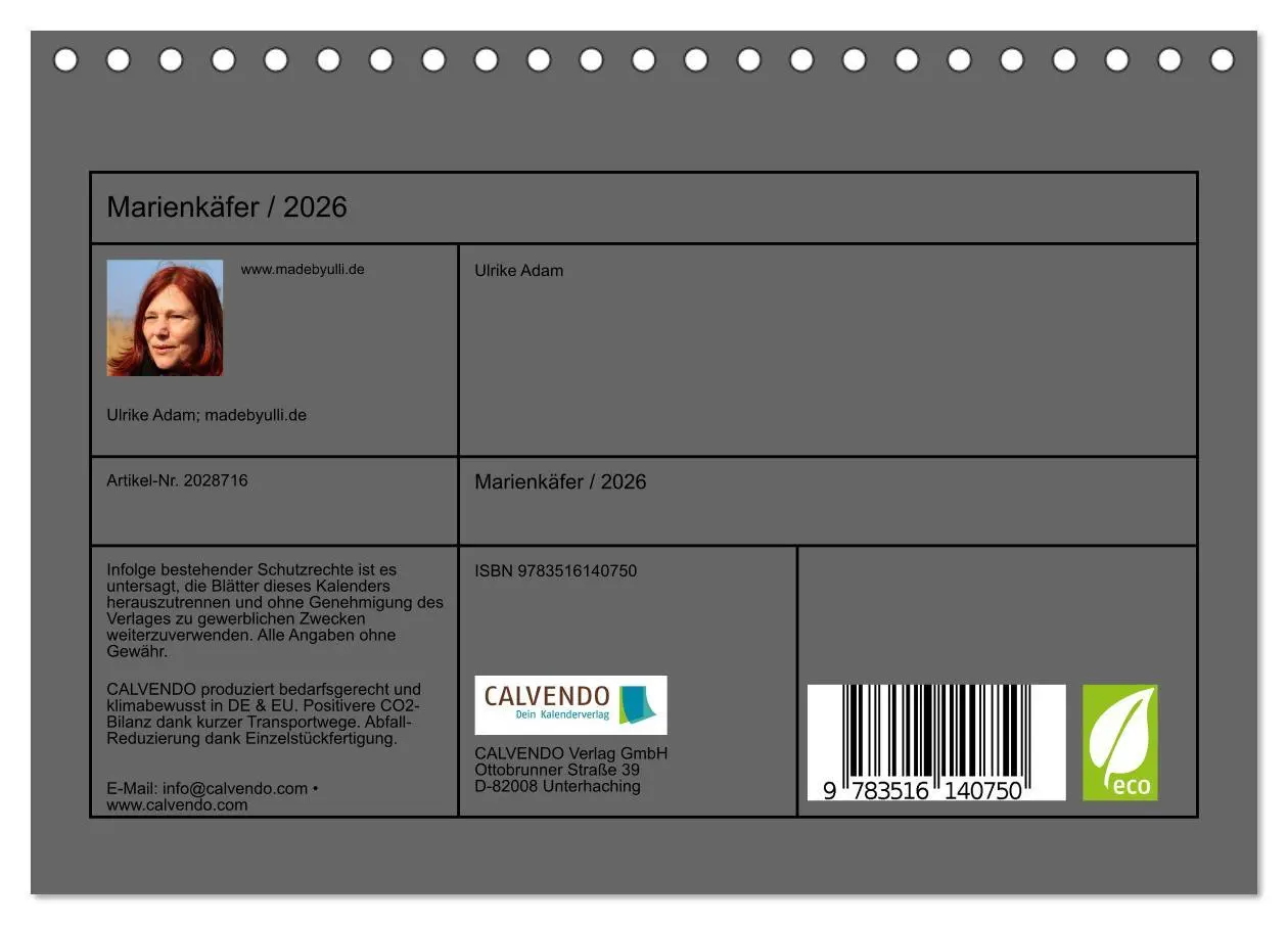 Bild: 9783516140750 | Marienkäfer / 2026 (Tischkalender 2026 DIN A5 quer), CALVENDO...