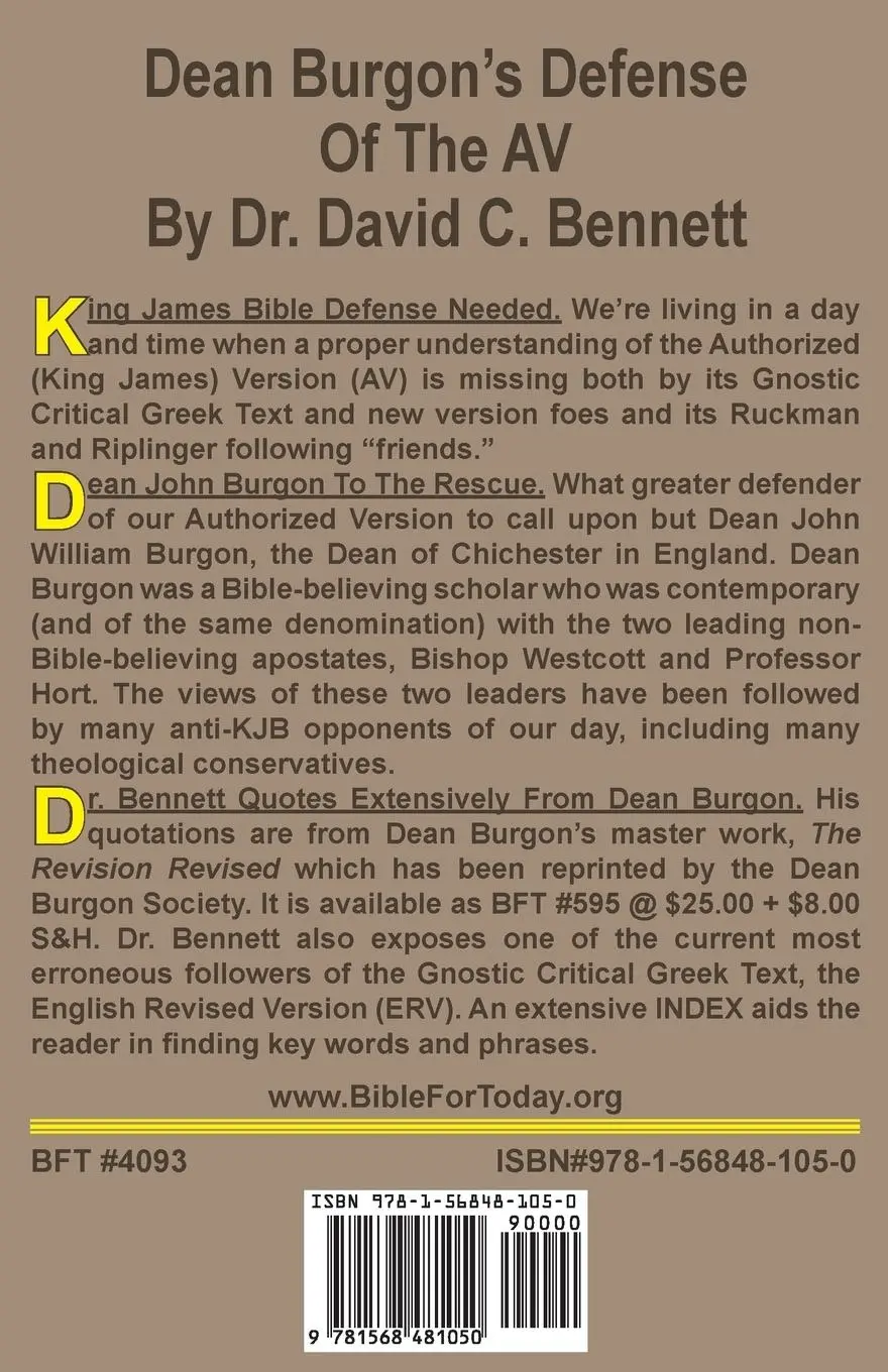 Rückseite: 9781568481050 | Dean John Burgon's Defense of the Authorized Version | Bennett | Buch