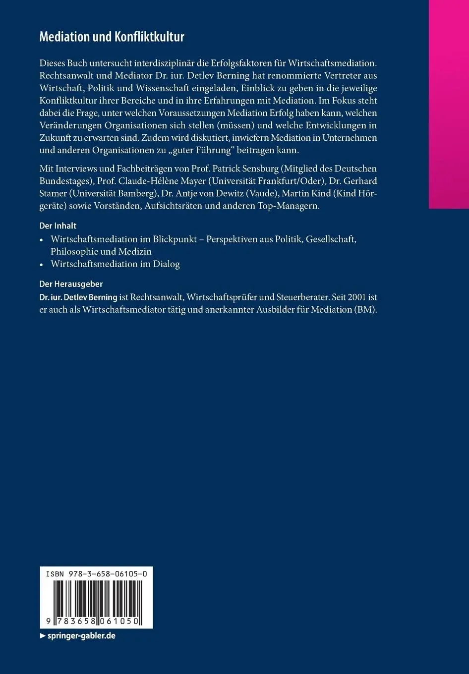 Rückseite: 9783658061050 | Mediation und Konfliktkultur | Wie Top-Manager Konflikte lösen | Buch