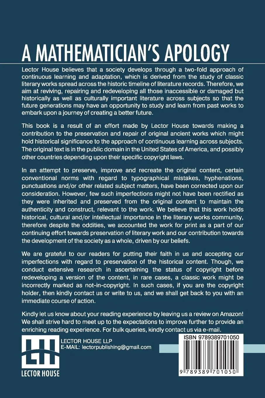 Rückseite: 9789389701050 | A Mathematician's Apology | G. H. Hardy | Taschenbuch | Englisch