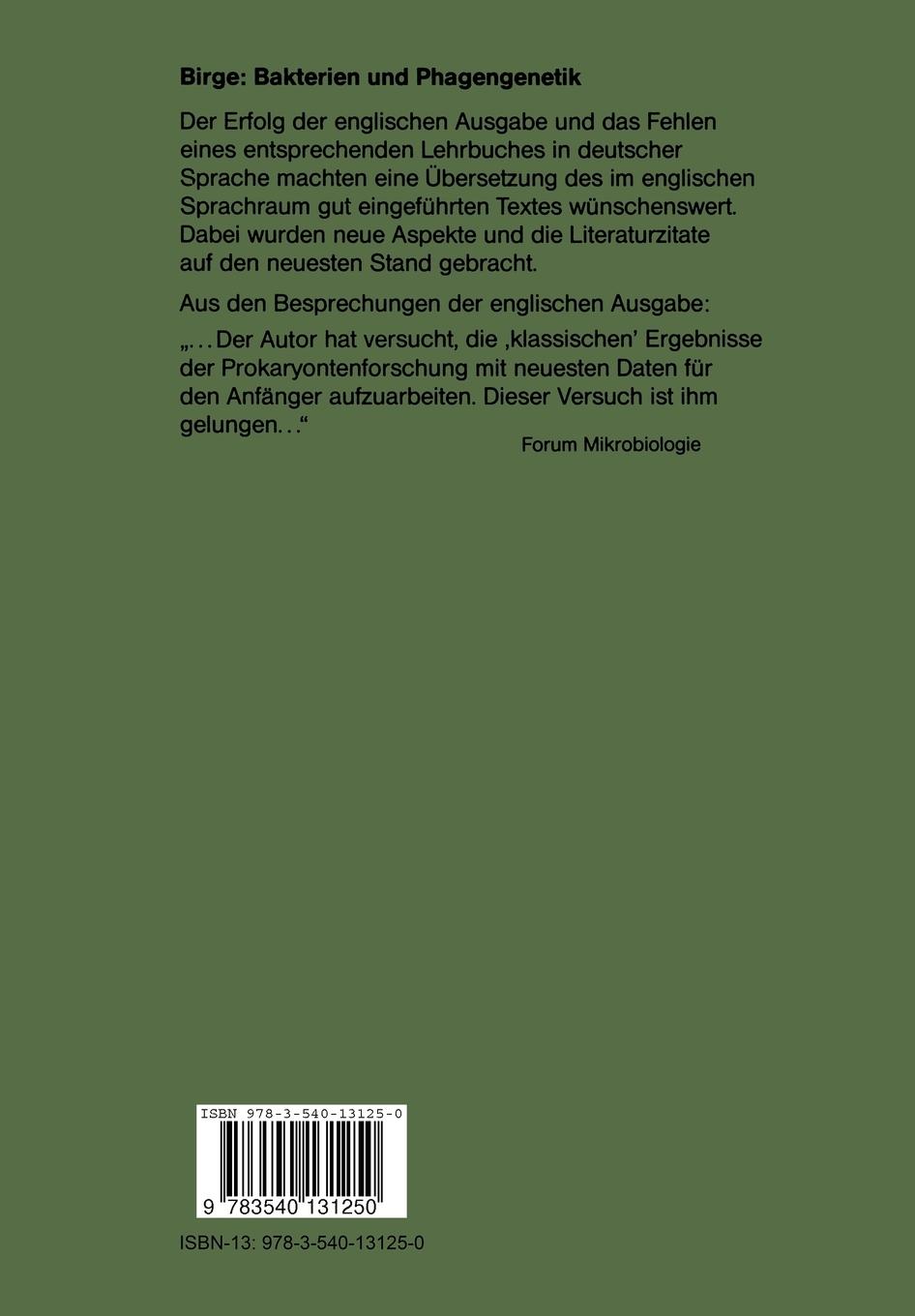 Rückseite: 9783540131250 | Bakterien- und Phagengenetik | Eine Einführung | E. A. Birge | Buch