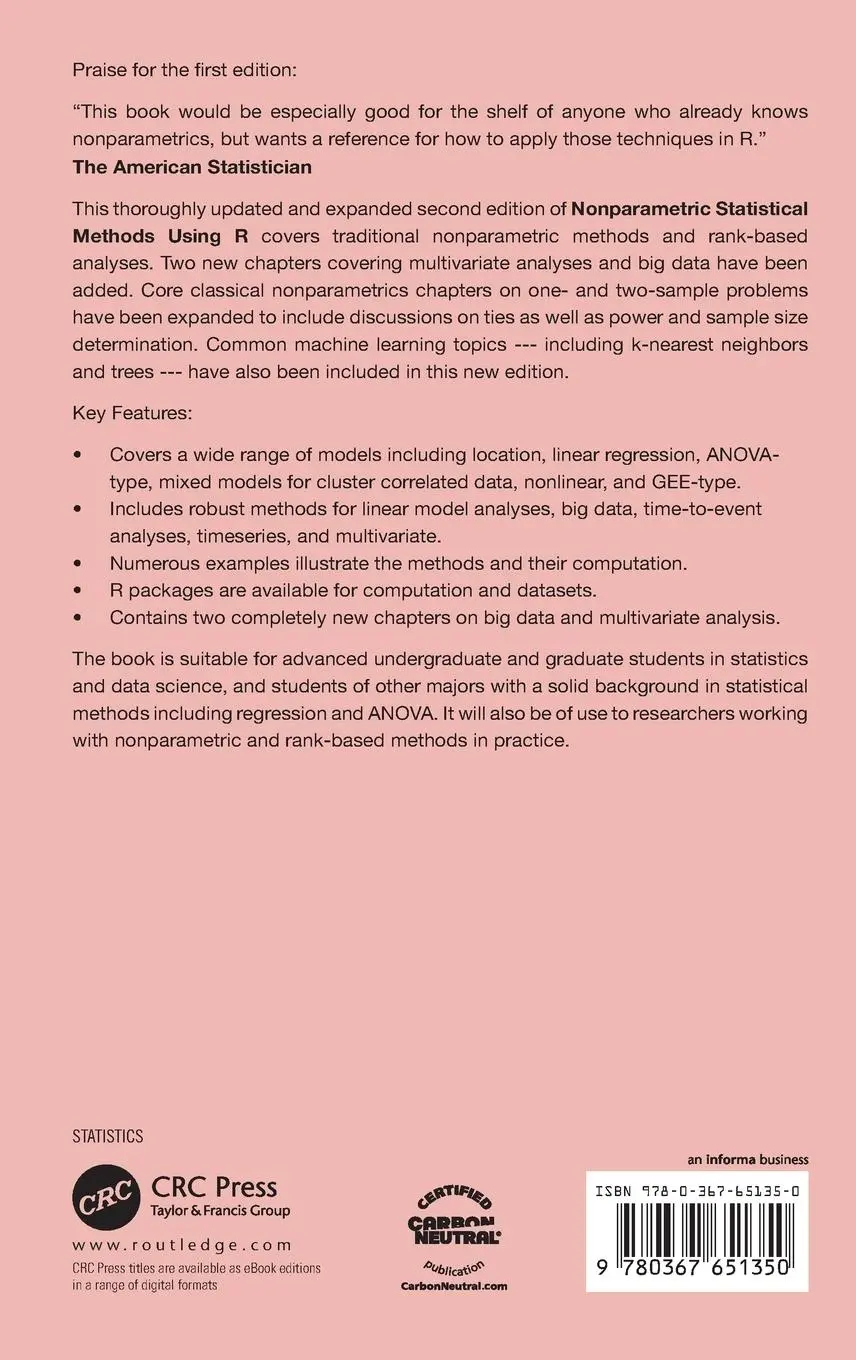 Rückseite: 9780367651350 | Nonparametric Statistical Methods Using R | John Kloke (u. a.) | Buch
