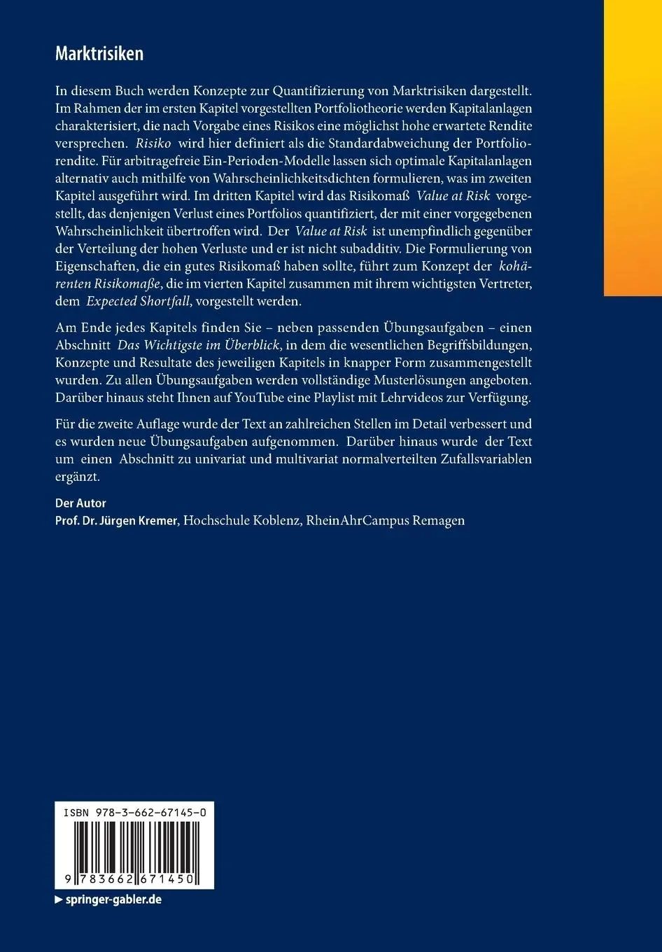 Rückseite: 9783662671450 | Marktrisiken | Portfoliotheorie und Risikomaße | Jürgen Kremer | Buch