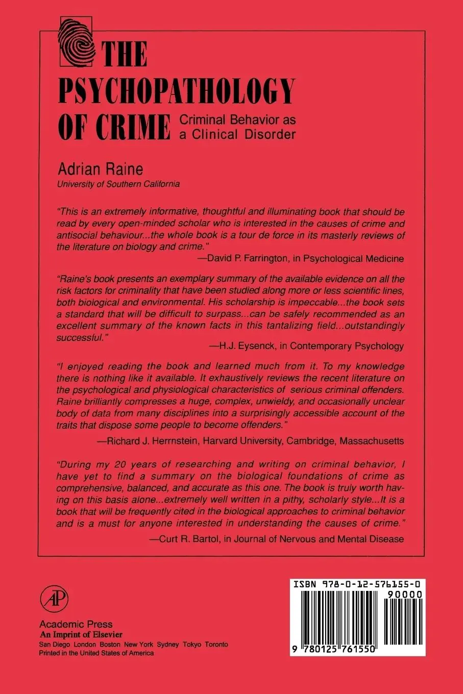 Rückseite: 9780125761550 | The Psychopathology of Crime | Raine | Taschenbuch | Englisch | 1997