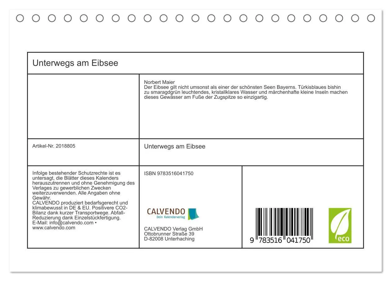 Bild: 9783516041750 | Unterwegs am Eibsee (Tischkalender 2026 DIN A5 quer), CALVENDO...
