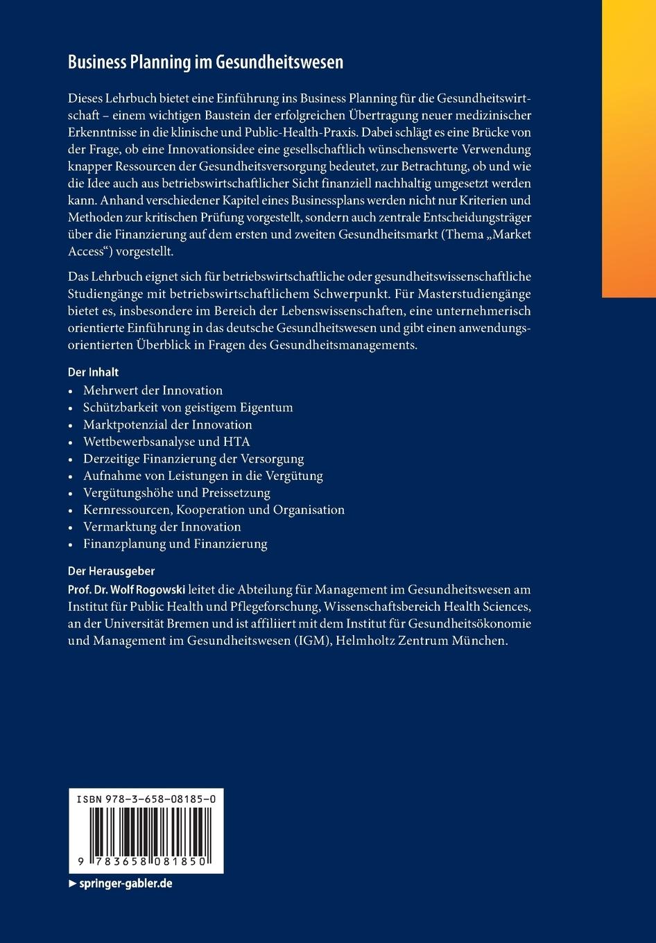 Rückseite: 9783658081850 | Business Planning im Gesundheitswesen | Wolf Rogowski | Taschenbuch