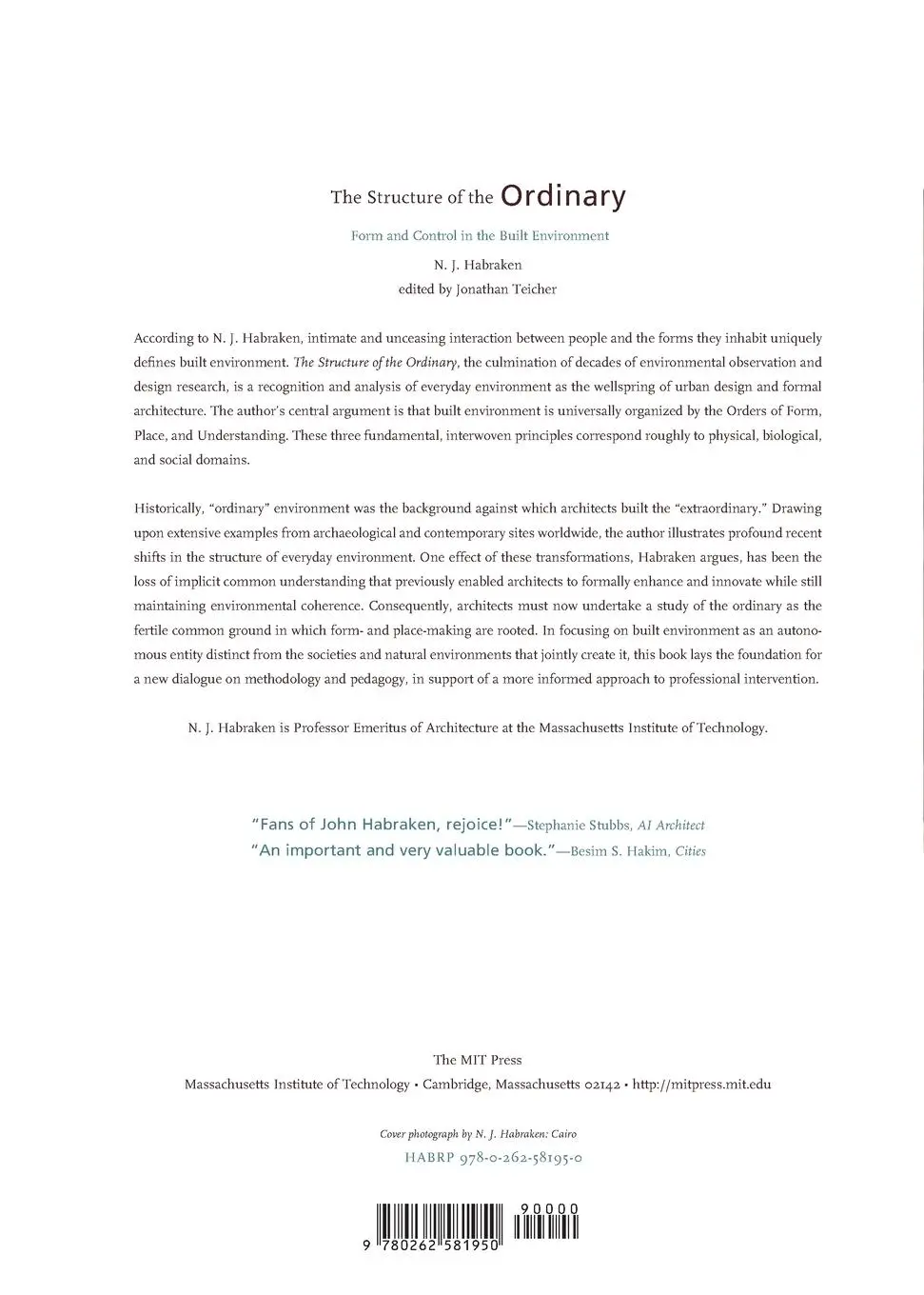 Rückseite: 9780262581950 | The Structure of the Ordinary | N. J. Habraken | Taschenbuch | 2000