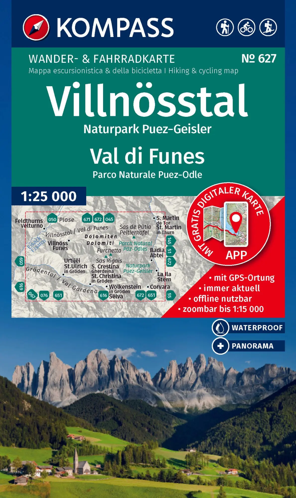 Cover: 9783991541950 | KOMPASS Wanderkarte 627 Villnösstal / Val di Funes, Naturpark...