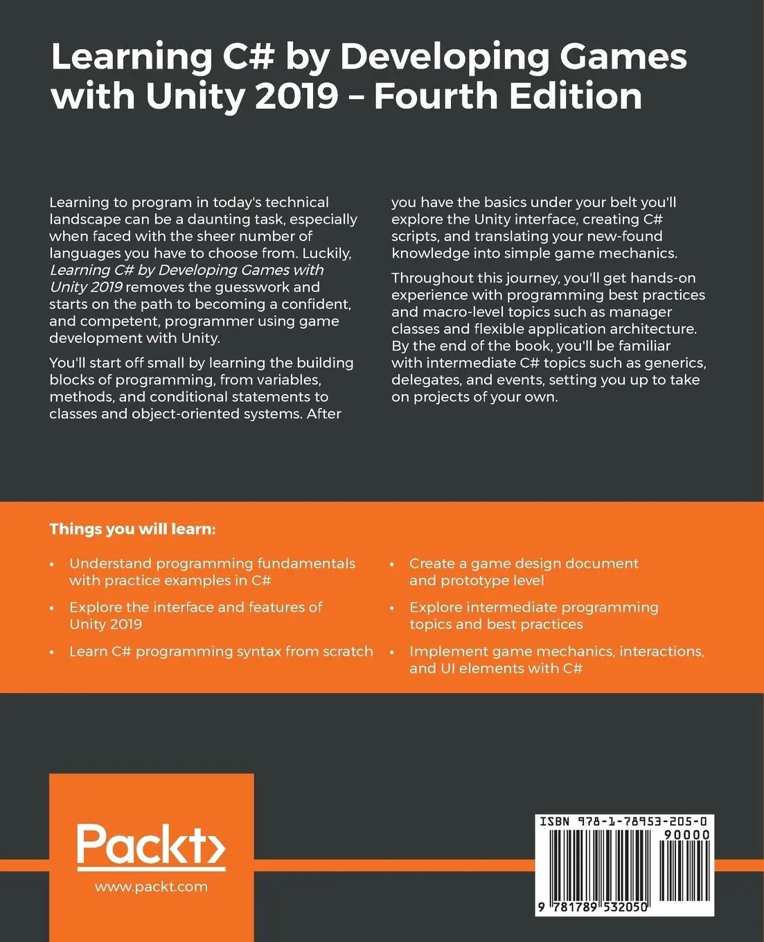 Rückseite: 9781789532050 | Learning C# by Developing Games with Unity 2019 - Fourth Edition