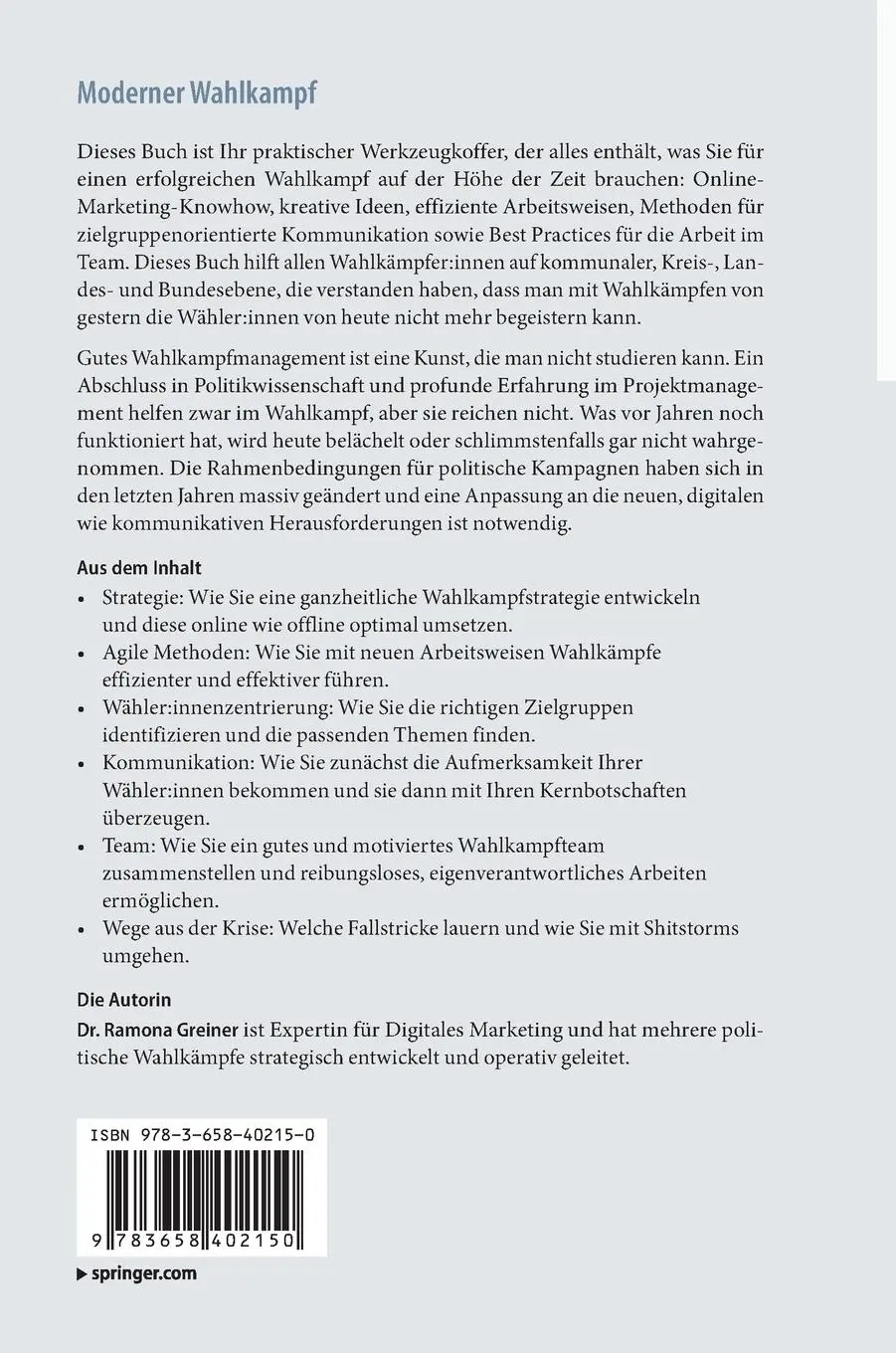 Rückseite: 9783658402150 | Moderner Wahlkampf | Ramona Greiner | Buch | XXVI | Deutsch | 2023