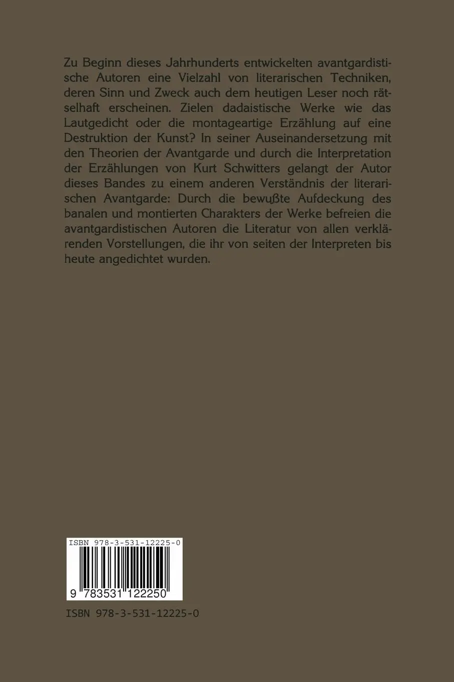 Rückseite: 9783531122250 | Montage als Kunstform | Zum literarischen Werk von Kurt Schwitters