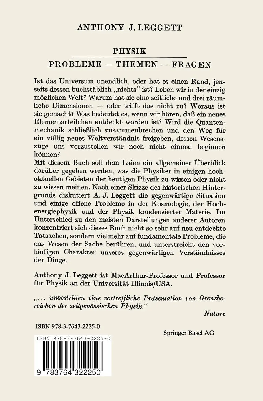 Rückseite: 9783764322250 | Physik | Probleme - Themen - Fragen | A. J. Legett | Taschenbuch
