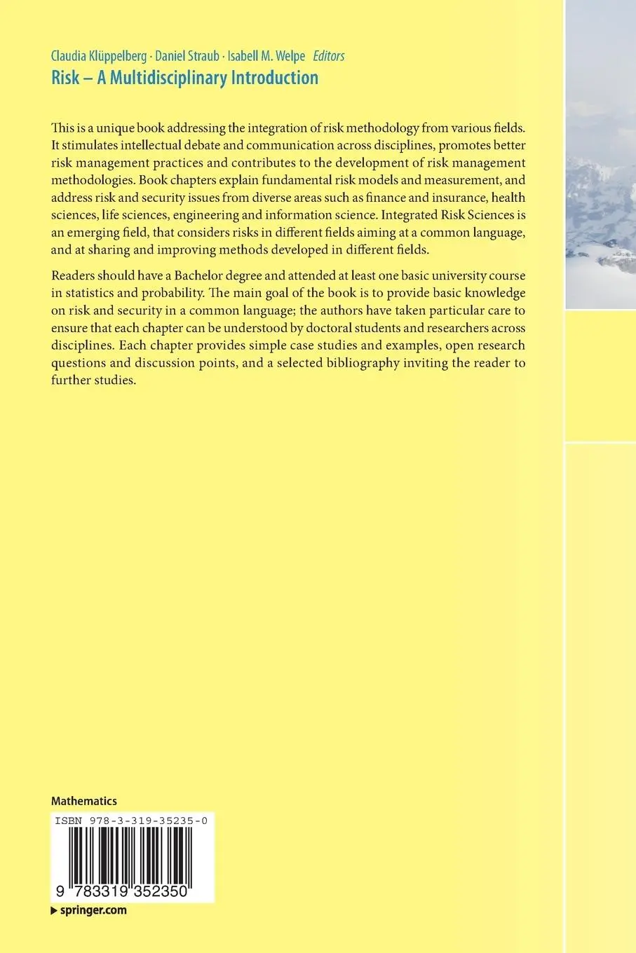 Rückseite: 9783319352350 | Risk - A Multidisciplinary Introduction | Claudia Klüppelberg (u. a.)