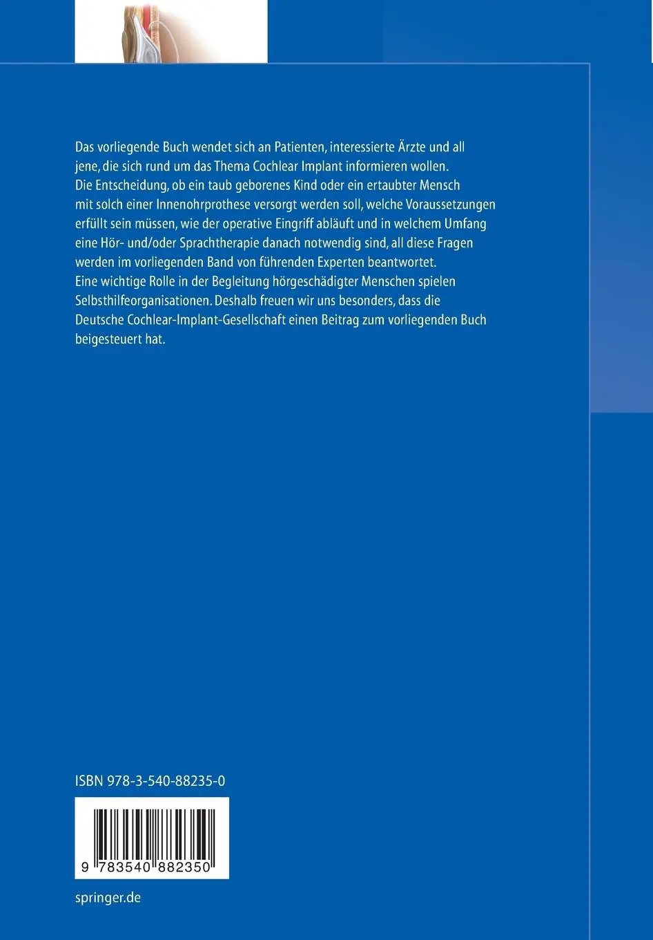 Rückseite: 9783540882350 | Cochlear Implant heute | Arne Ernst (u. a.) | Taschenbuch | xii | 2009