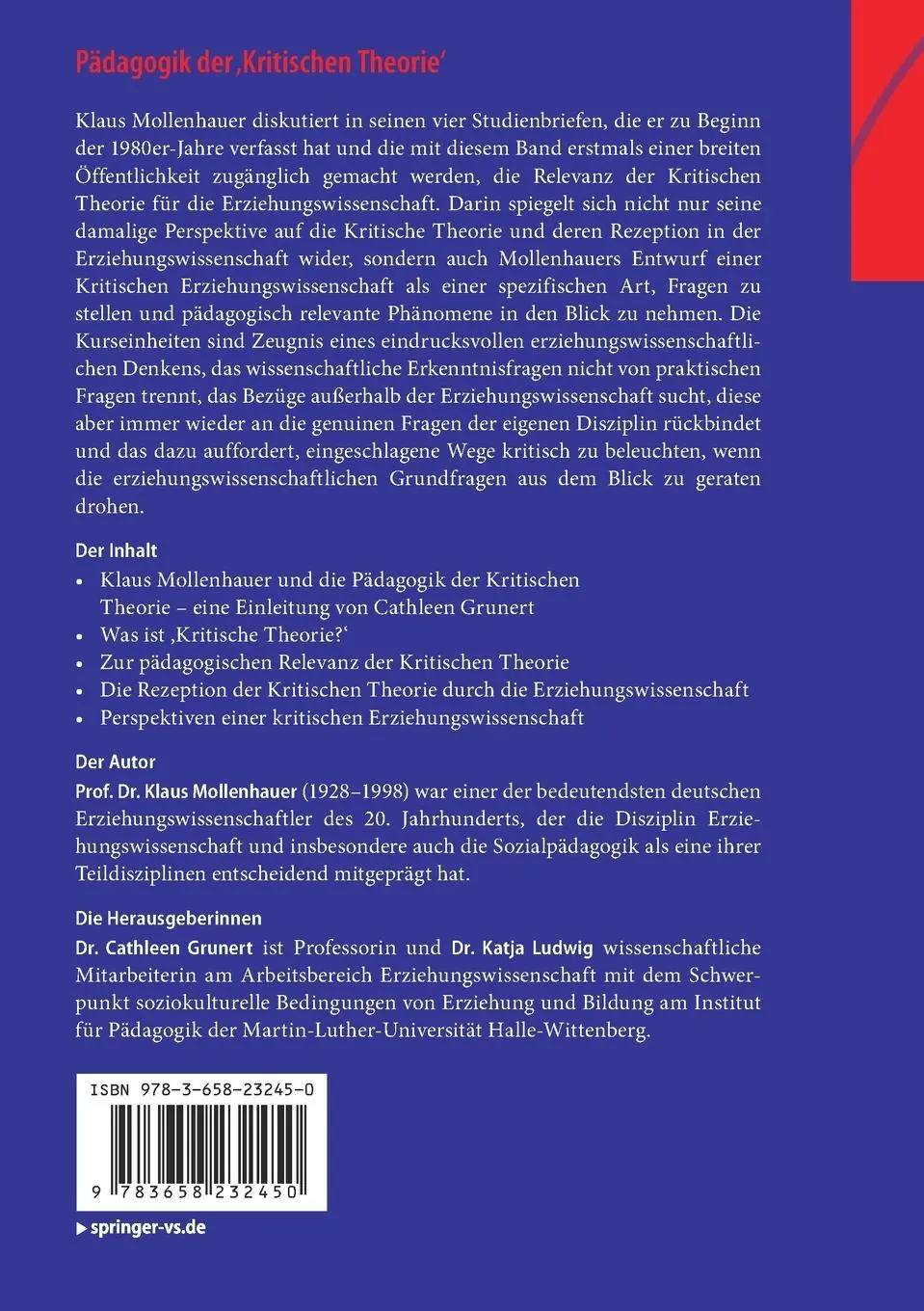 Rückseite: 9783658232450 | Pädagogik der ¿Kritischen Theorie¿ | Klaus Mollenhauer | Taschenbuch