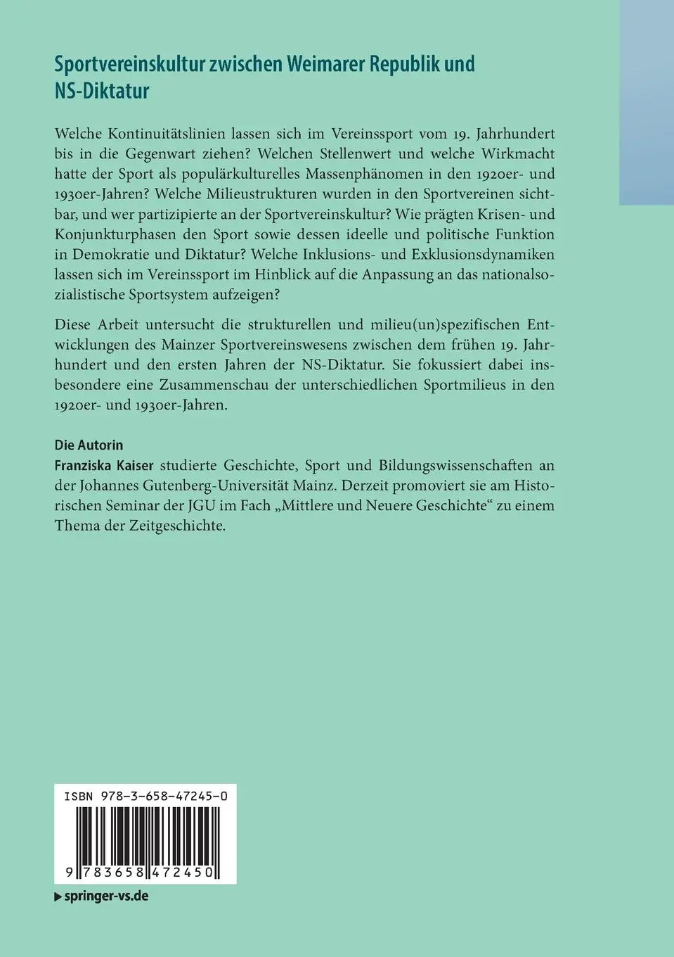 Rückseite: 9783658472450 | Sportvereinskultur zwischen Weimarer Republik und NS-Diktatur | Kaiser