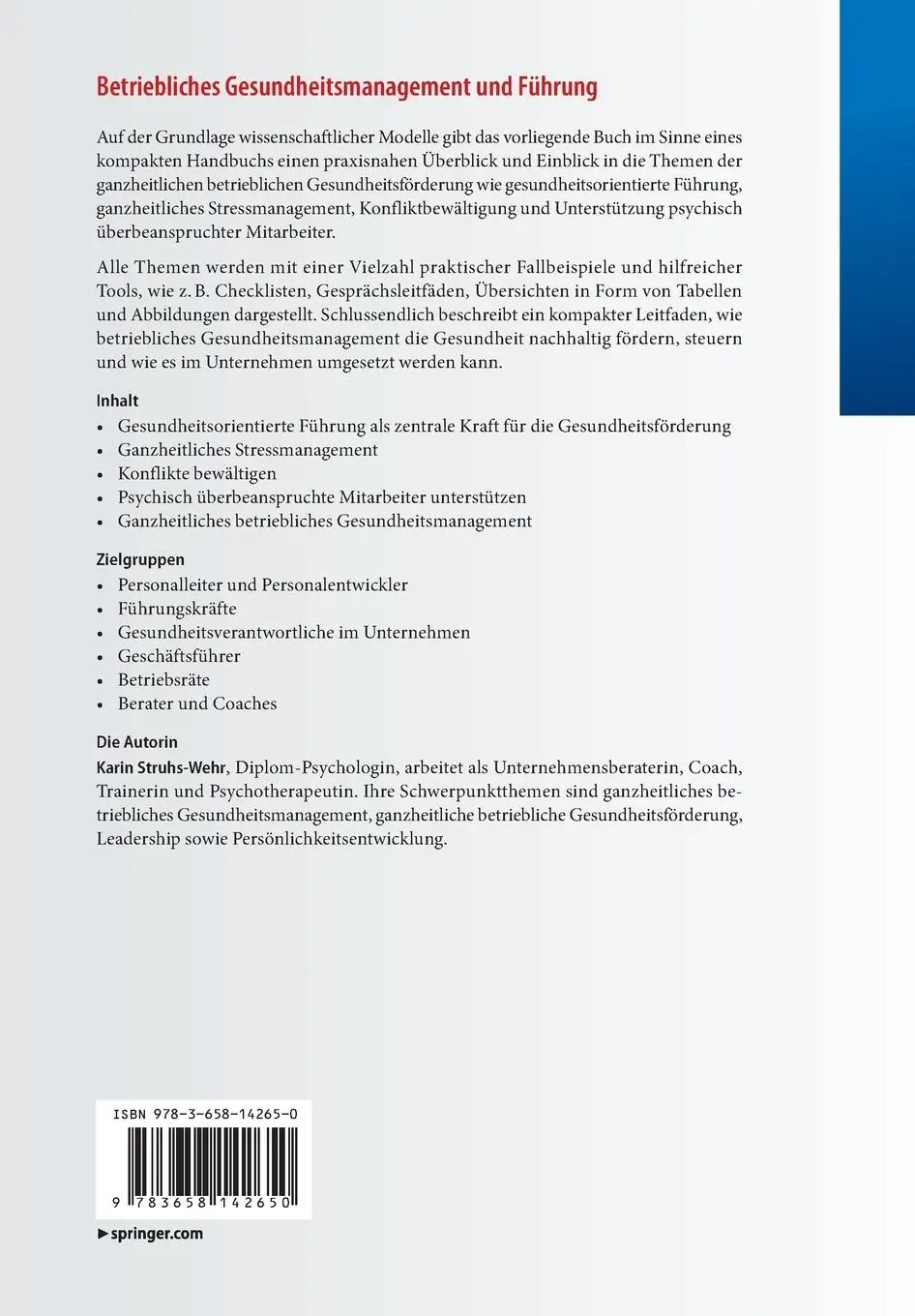 Rückseite: 9783658142650 | Betriebliches Gesundheitsmanagement und Führung | Karin Struhs-Wehr