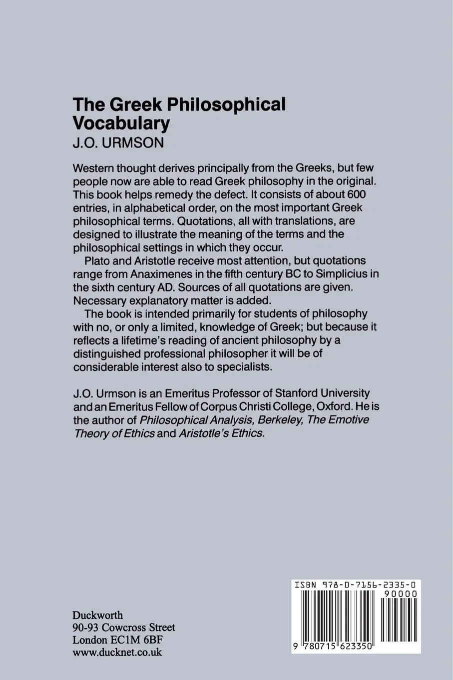 Rückseite: 9780715623350 | Greek Philosophical Vocabulary | James O. Urmson (u. a.) | Taschenbuch