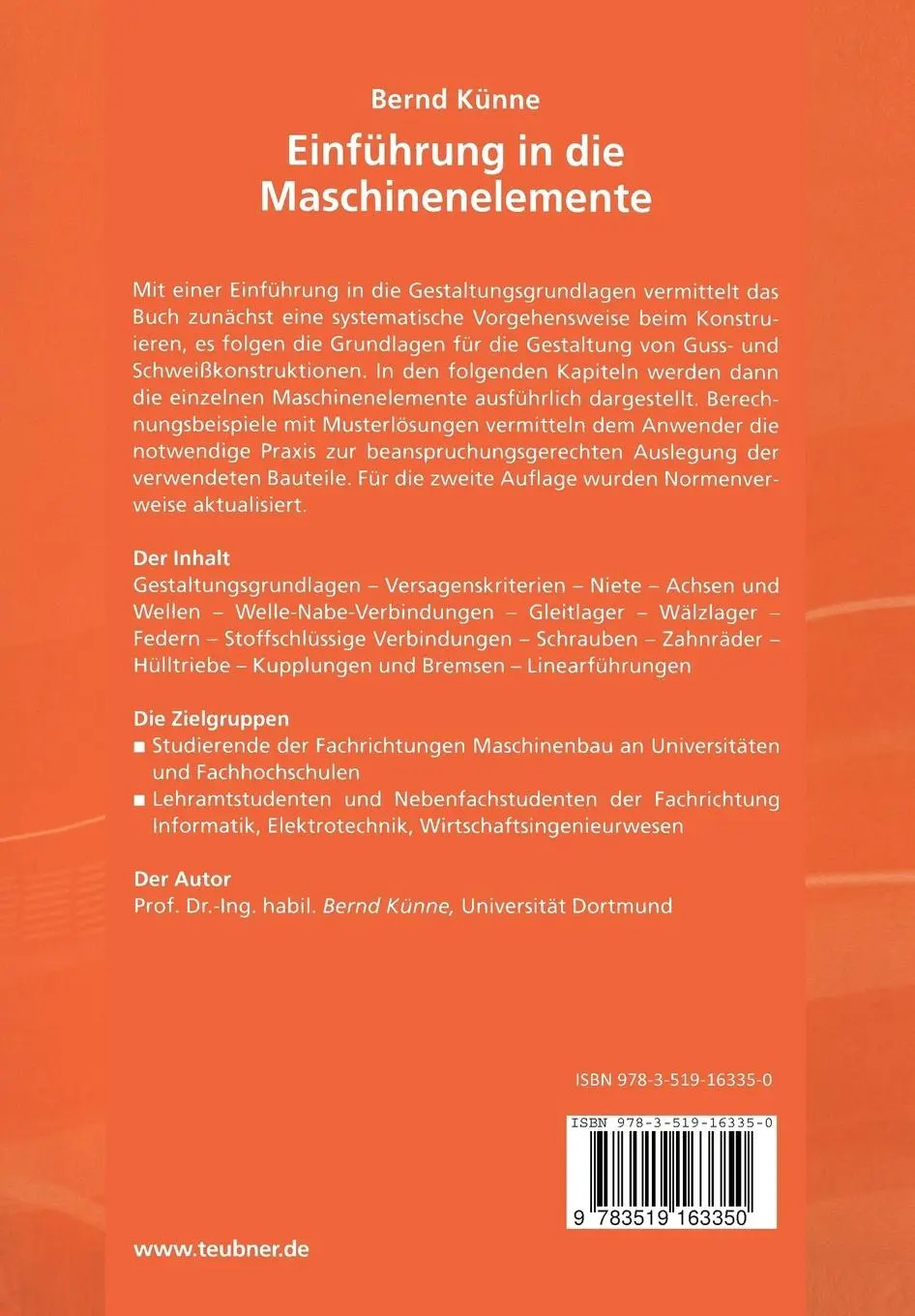 Rückseite: 9783519163350 | Einführung in die Maschinenelemente | Bernd Künne | Taschenbuch | x