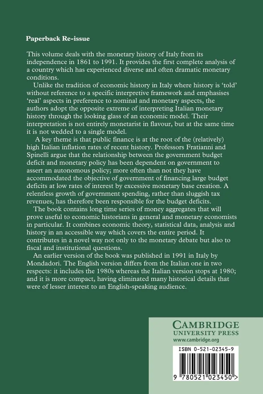 Rückseite: 9780521023450 | A Monetary History of Italy | Michele Fratianni (u. a.) | Taschenbuch