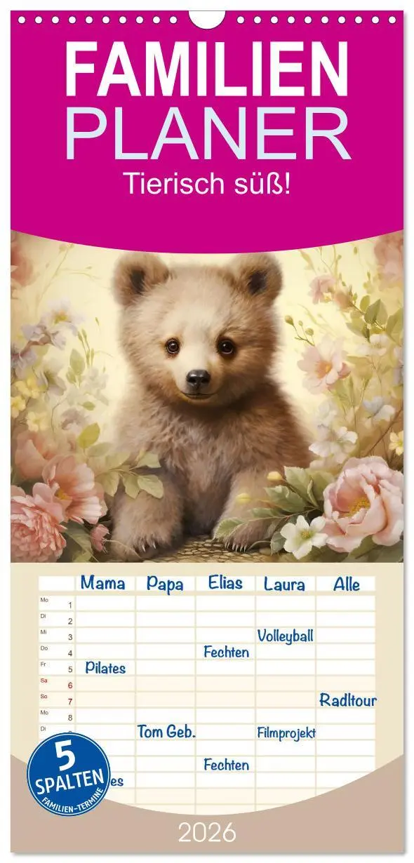 Cover: 9783516493450 | Familienplaner 2026 - Tierisch süß! mit 5 Spalten (Wandkalender, 21...