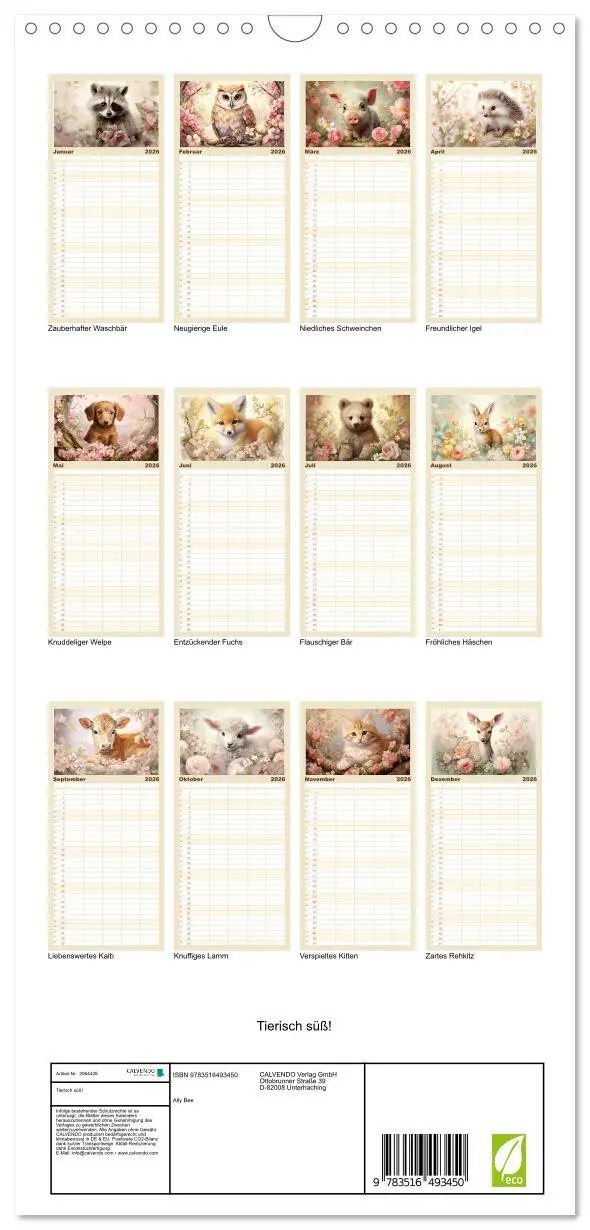 Bild: 9783516493450 | Familienplaner 2026 - Tierisch süß! mit 5 Spalten (Wandkalender, 21...