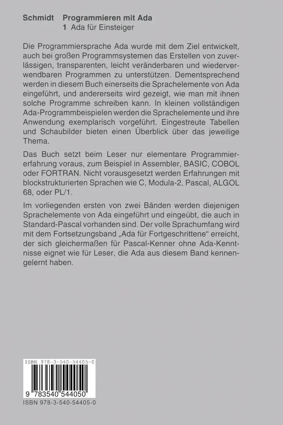 Rückseite: 9783540544050 | Programmieren mit Ada | Ada für Einsteiger | Diana Schmidt | Buch | xi