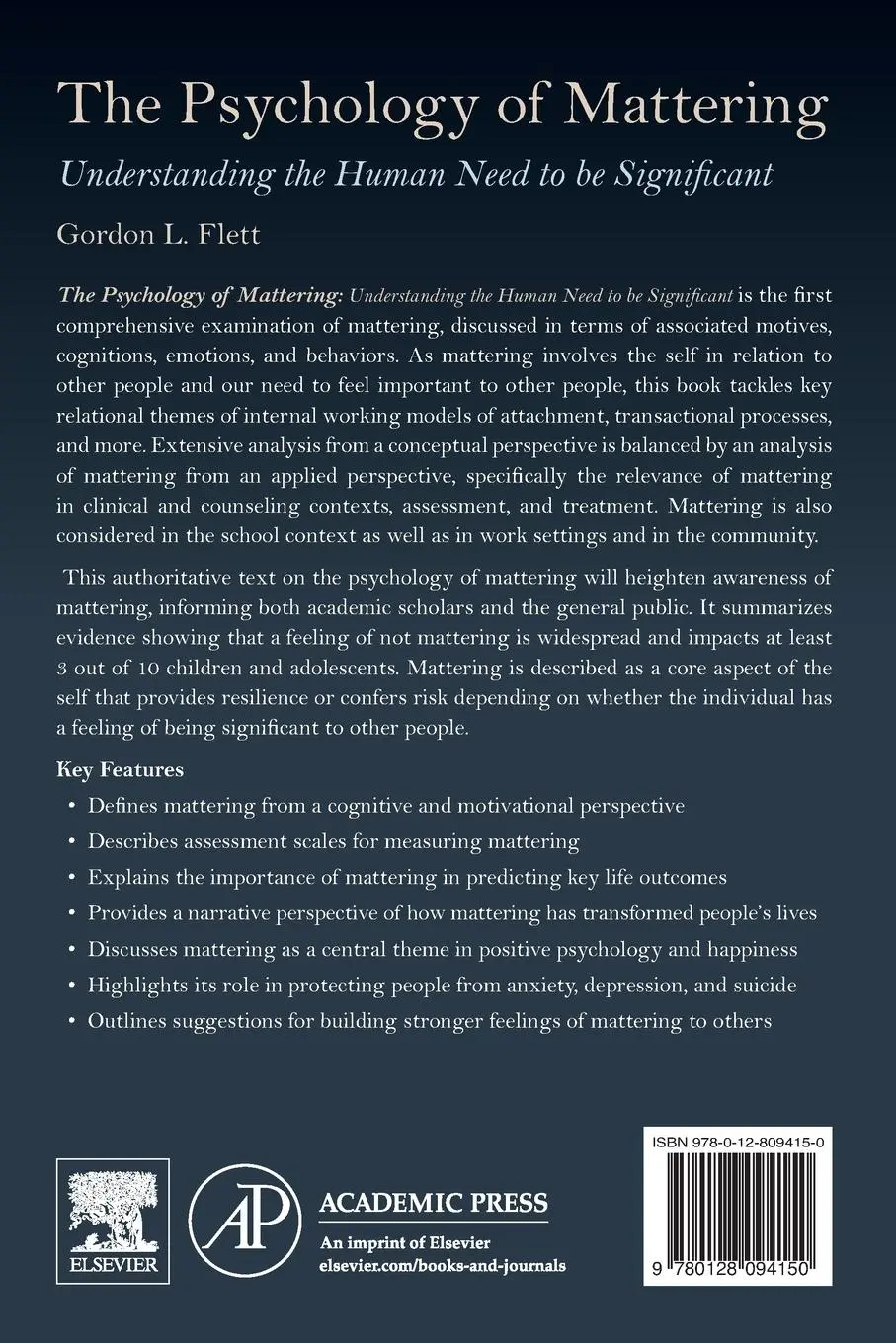 Rückseite: 9780128094150 | The Psychology of Mattering | Gordon Flett | Taschenbuch | Englisch