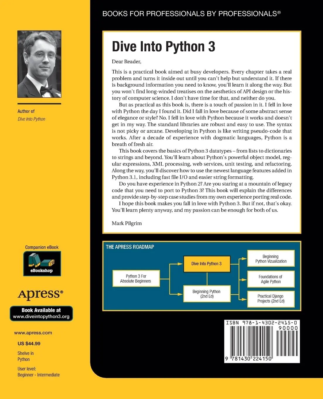 Rückseite: 9781430224150 | Dive Into Python 3 | Mark Pilgrim | Taschenbuch | 412 S. | Englisch