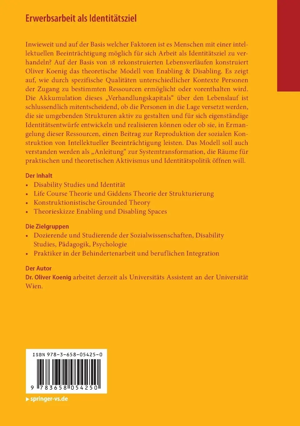Rückseite: 9783658054250 | Erwerbsarbeit als Identitätsziel | Oliver Koenig | Taschenbuch | xx