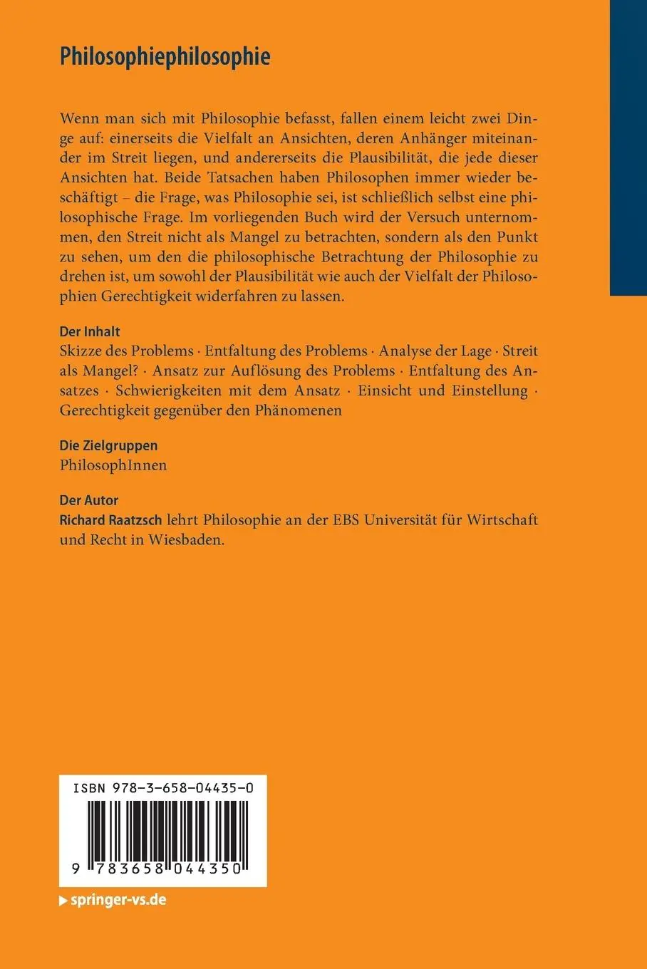 Rückseite: 9783658044350 | Philosophiephilosophie | Richard Raatzsch | Taschenbuch | v | Deutsch