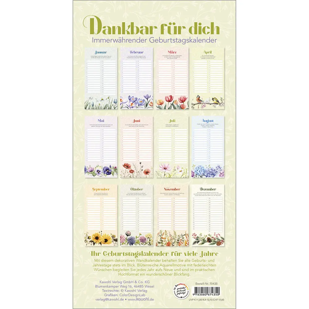 Bild: 9783880874350 | Dankbar für dich | Immerwährender Geburtstagskalender | Kalender
