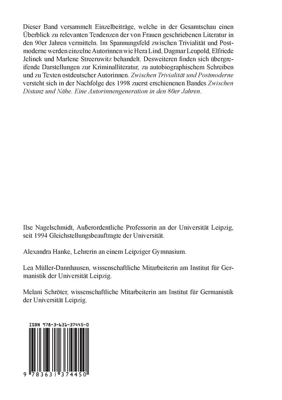 Rückseite: 9783631374450 | Zwischen Trivialität und Postmoderne | Ilse Nagelschmidt (u. a.)