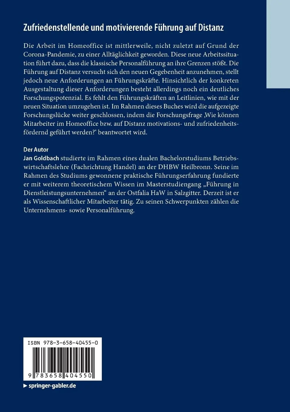 Rückseite: 9783658404550 | Zufriedenstellende und motivierende Führung auf Distanz | Jan Goldbach