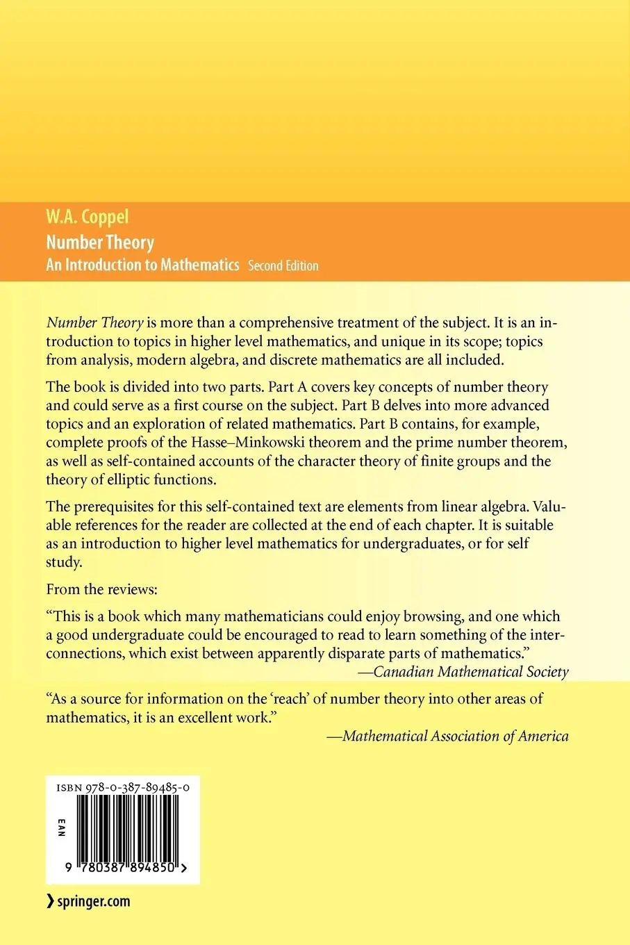 Rückseite: 9780387894850 | Number Theory | An Introduction to Mathematics | W A Coppel | Buch