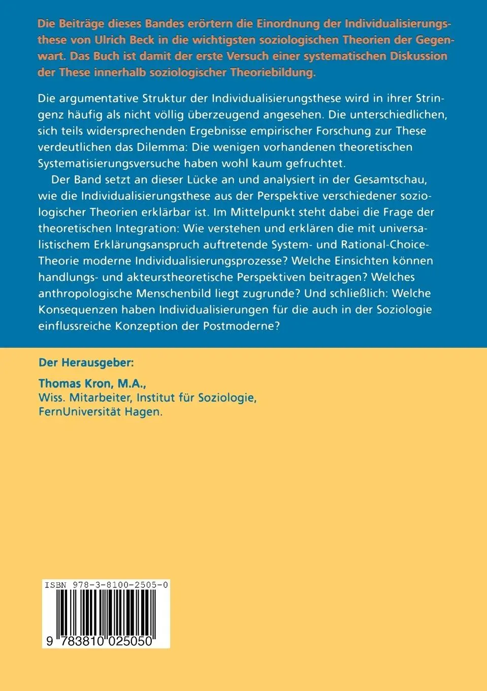 Rückseite: 9783810025050 | Individualisierung und soziologische Theorie | Thomas Kron | Buch