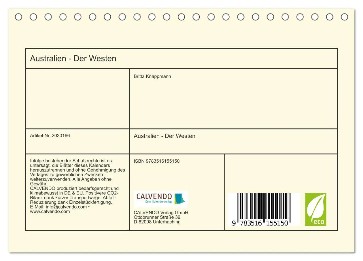 Bild: 9783516155150 | Australien - Der Westen (Tischkalender 2026 DIN A5 quer), CALVENDO...